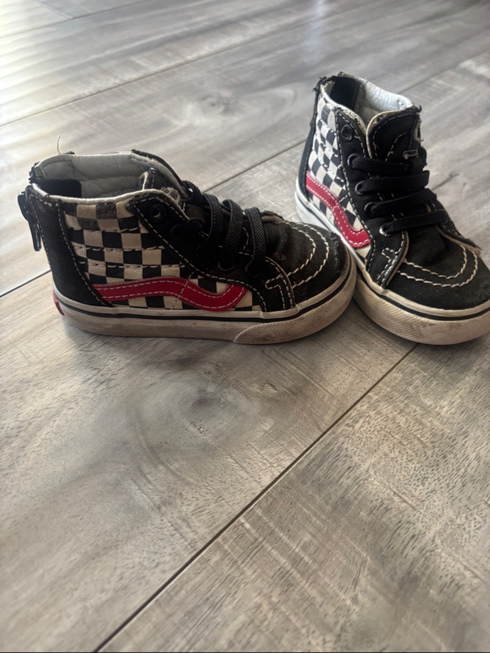 Vans Kids Black & White Checkerboard High-Top Sneakers with Red Accent